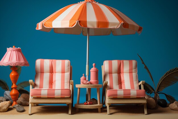 Cadeiras de praia e guarda-chuva em fundo claro