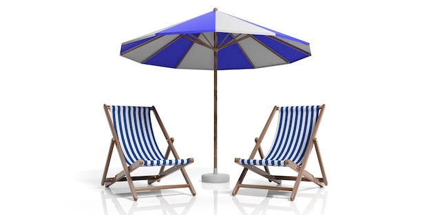 Cadeiras de praia e guarda-chuva na ilustração 3d de fundo branco