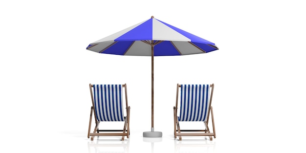 Cadeiras de praia e guarda-chuva na ilustração 3d de fundo branco