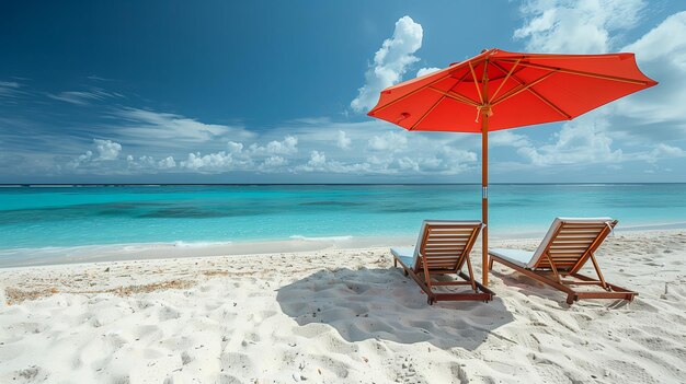 Cadeiras de praia e um guarda-chuva em areia branca contra um céu azul e oceano