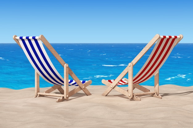 Cadeiras de praia na areia Sunny Beach closeup extrema. Renderização 3D