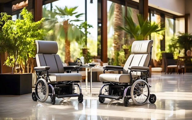 Foto cadeiras de rodas para pacientes no hospital em área próxima à porta de vidro
