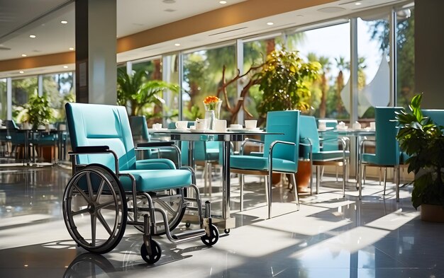 Cadeiras de rodas para pacientes no hospital em área próxima à porta de vidro