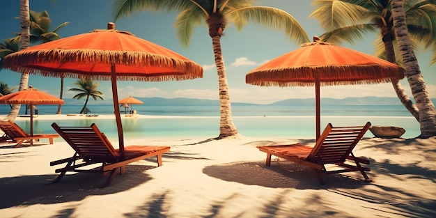 cadeiras de salão na praia banho de sol por um sol tropical sob as palmeiras e guarda-chuvas