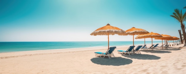 Cadeiras de verão e guarda-sóis no mar tropical e praia com fundo de céu azul Generative AI