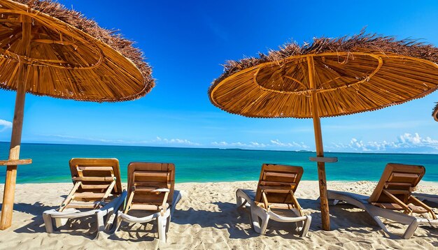 Foto cadeiras e guarda-chuva em palm beach tropical holiday banner