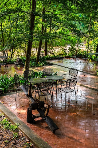 Cadeiras e mesa com bela vista para o rio na floresta de manhã cedo. Descanse e relaxe na natureza.