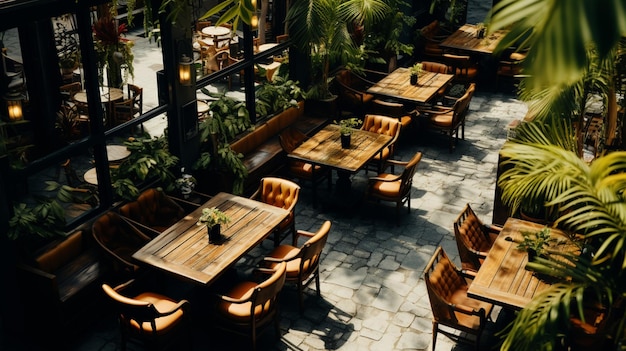 Cadeiras e mesas de madeira na rua nos trópicos entre a folhagem