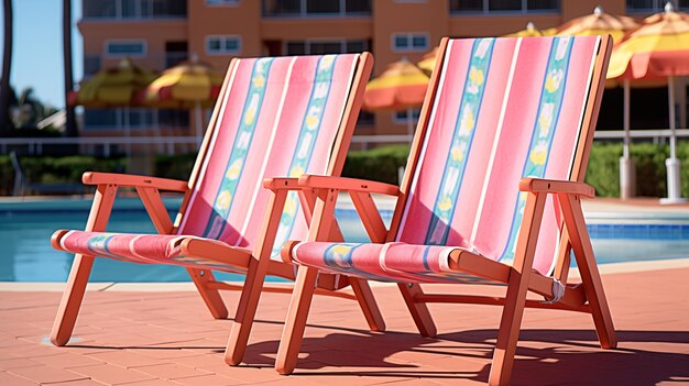 Cadeiras listradas à beira da piscina azul