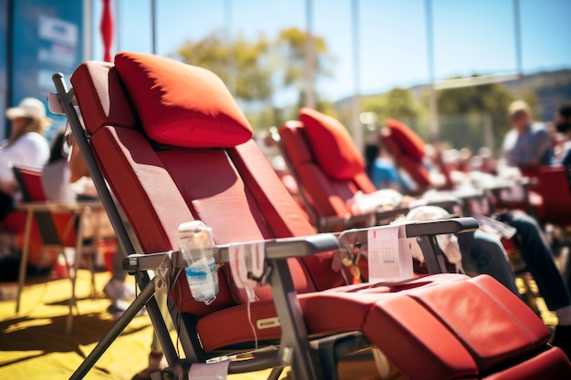 cadeiras no verão campo de doação de sangue ao ar livre em um parque da cidade conceito do Dia Mundial do Doador mês nacional doador de sangue