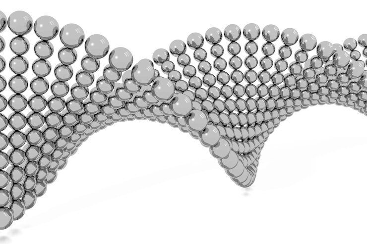 Foto cadena de adn geométrica hecha con muchas esferas ilustración 3d