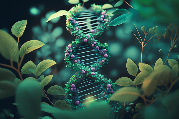 Una cadena de ADN verde y azul con un fondo verde.