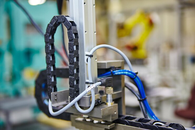 Foto cadena de cables en maquinaria automatizada de cerca