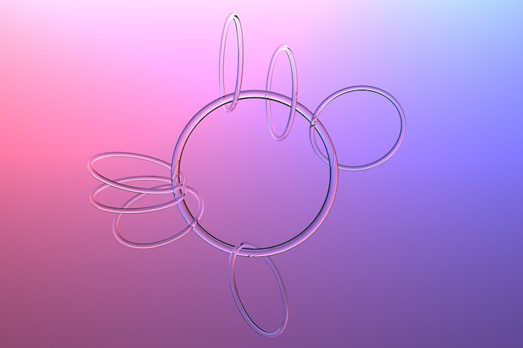 Foto la cadena de cristal sobre un fondo morado. diseño de cristal violeta. anillos de vidrio anillos transparentes resumen ilustración 3d.