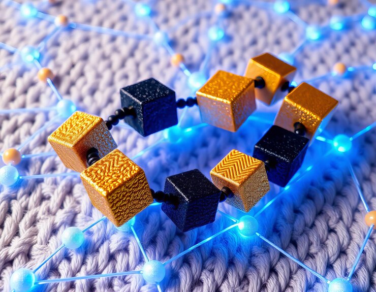 Foto cadena de cubos interconectados red azul tecnología blockchain