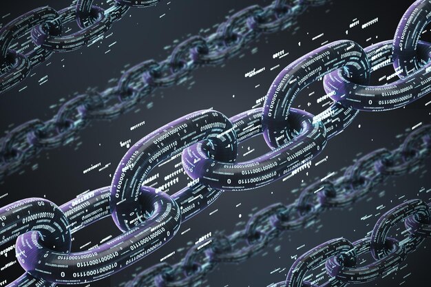 Cadena diagonal hecha de ceros y unos. Criptocurrency y minería. Una metáfora de bitcoin. Fondo negro. Renderización 3D simulacro de doble exposición, fondo borroso.