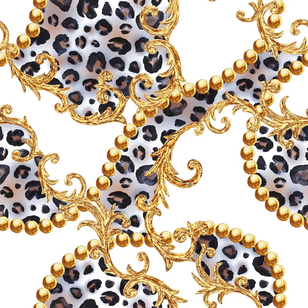Cadena dorada barroca glamour leopardo patrón sin costuras acuarela dibujada a mano moda oro y textura animal