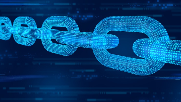 Foto cadena de estructura metálica 3d con código digital. blockchain render 3d.
