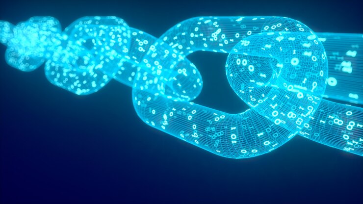 Foto cadena de estructura metálica 3d con código digital. blockchain render 3d.