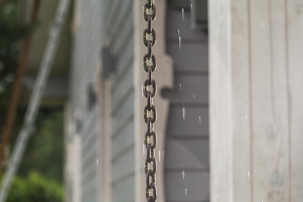 Cadena de lluvia y gotas de lluvia en el fondo de una casa de madera de estilo escandinavo