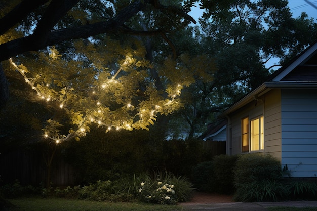 una cadena de luces colgando en el árbol de fondo de estilo bokeh