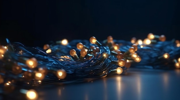 Una cadena de luces navideñas sobre un fondo oscuro