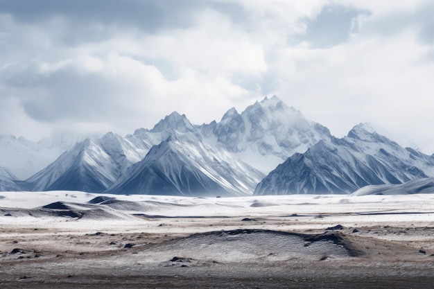 cadena de montañas cubiertas de nieve fotografía panorámica del paisaje tomada con una cámara DSLR y una lente de gran ángulo que transmite la inmensidad y la majestuosidad de la montaña