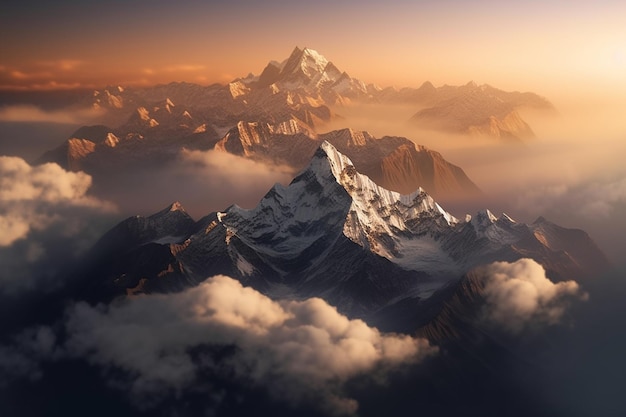 Una cadena montañosa con un atardecer de fondo