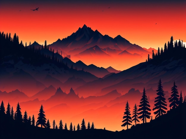 Una cadena montañosa con un cielo rojo y una montaña negra al fondo.