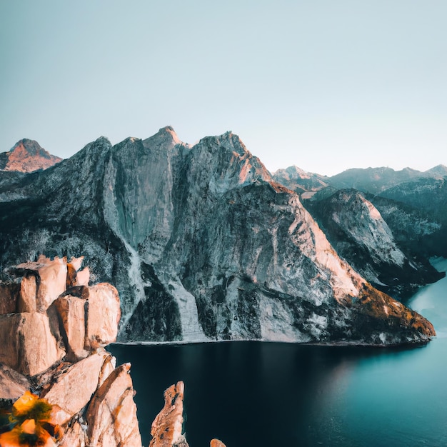 Una cadena montañosa está en el fondo con un lago y montañas en el fondo.