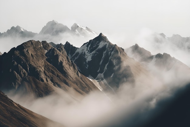 Una cadena montañosa con un fondo brumoso