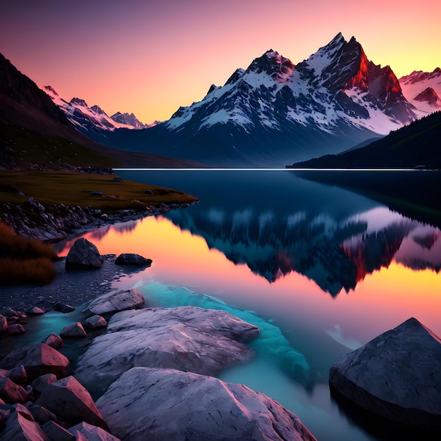 Una cadena montañosa se ilumina al atardecer con la puesta de sol detrás de ella.