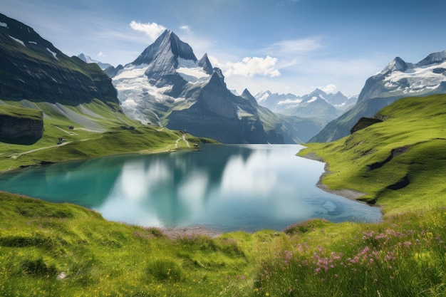 Una cadena montañosa con un lago en primer plano IA generativa