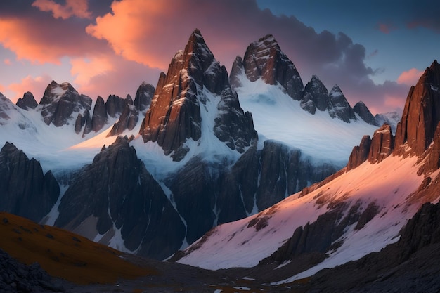 Una cadena montañosa nevada con árboles y nubes imagen generada por Ai