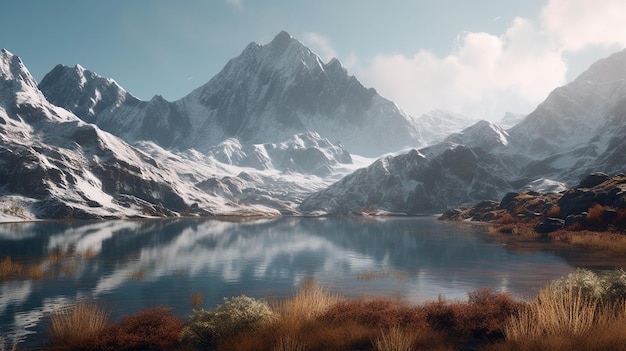 Una cadena montañosa nevada con un lago rodeado de montañas cubiertas de nieve en primer plano y un cielo nublado en el fondo IA generativa