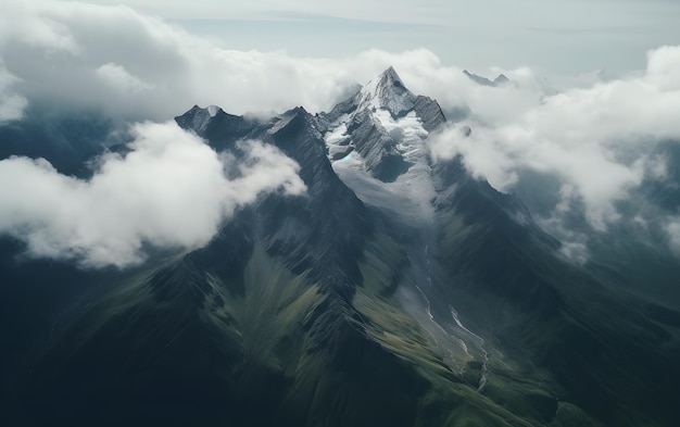 Una cadena montañosa con nubes y una montaña al fondo.