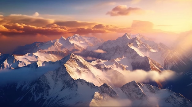 Una cadena montañosa con nubes y puesta de sol Arte generativo con IA