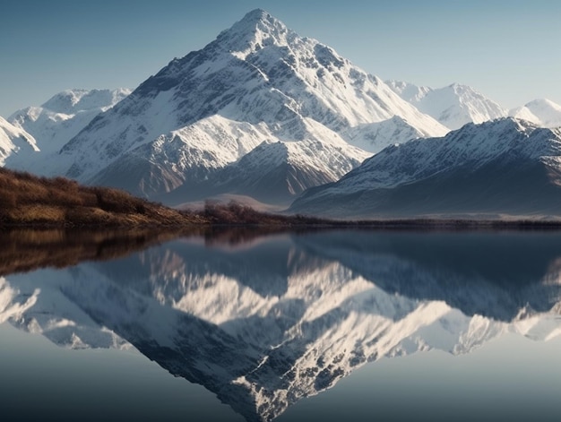 Una cadena montañosa se refleja en un lago con las montañas cubiertas de nieve en el fondo.