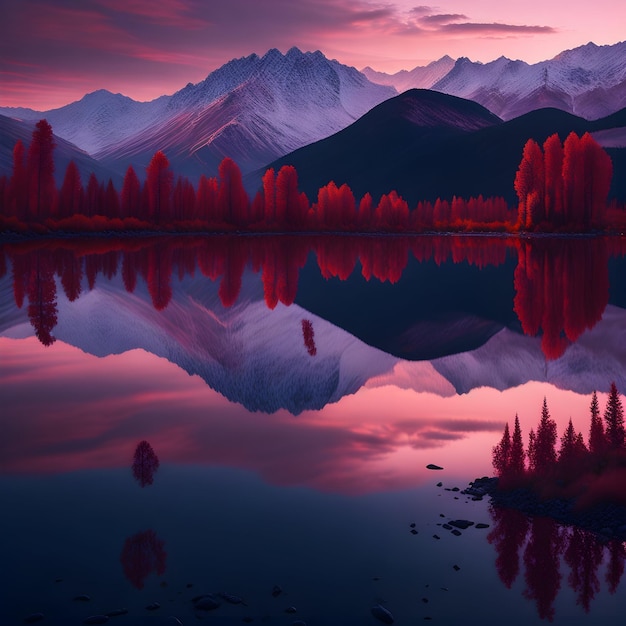una cadena montañosa se refleja en un lago que tiene un cielo rosado