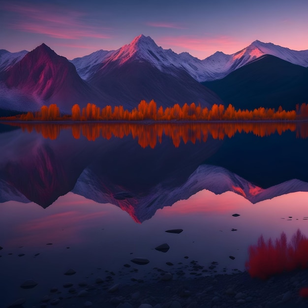 Foto una cadena montañosa se refleja en un lago que tiene un cielo rosado