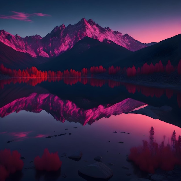 Foto una cadena montañosa se refleja en un lago que tiene un cielo rosado