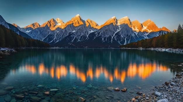 Foto cadena montañosa reflejada en el lago