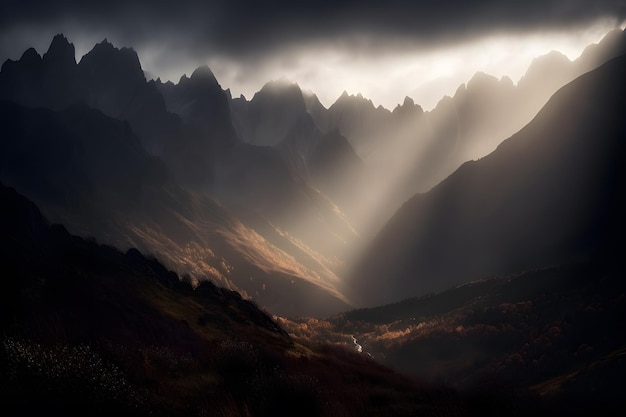 Cadena montañosa con una sensación atmosférica brumosa con sombras dramáticas y luz que se refleja en los picos ai generativo