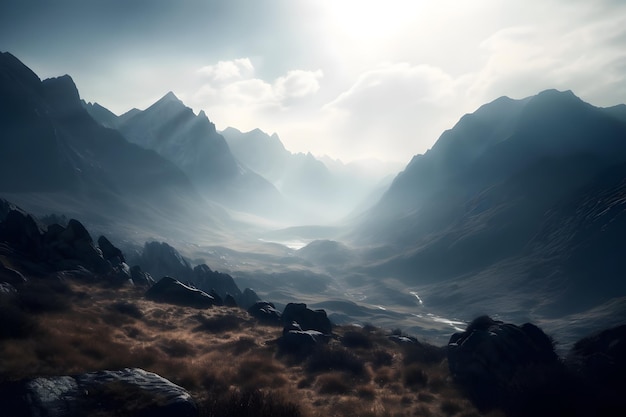 Cadena montañosa con una sensación atmosférica brumosa con sombras dramáticas y luz que se refleja en los picos ai generativo
