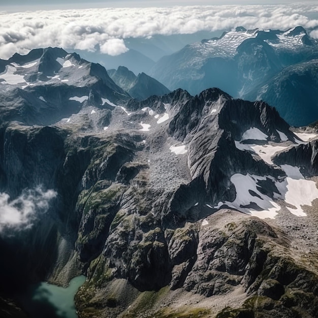 Una cadena montañosa se ve desde arriba, con nubes y montañas al fondo.