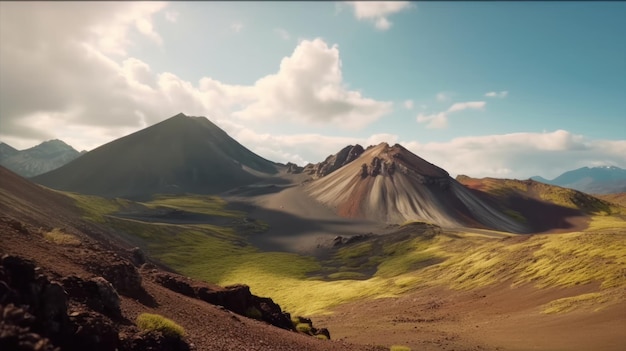 Foto cadena montañosa volcánica con cráter en el desierto en verano coloridas montañas volcánicas landmannalaugar en islandia