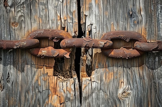 Cadena oxidada en la vieja puerta de madera del granero de Montreal