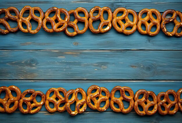 una cadena de pretzels en una pizarra detrás de madera marrón y azul al estilo de oro y azul