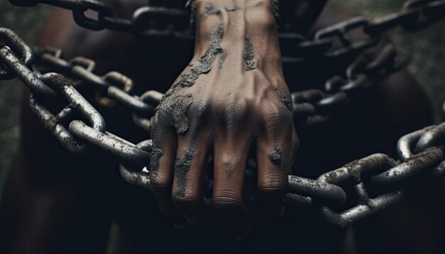 Foto cadenas y cadenas rompiendo y cayendo de las manos del hombre que ha estado luchando con la adicción libertad y esfuerzo motivación concepto de revolución