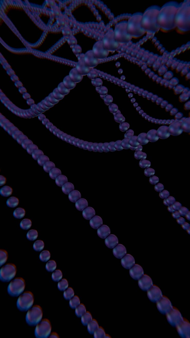 Foto cadenas de esferas púrpuras forman un patrón de onda fluida sobre un fondo negro mezclando ilusiones y tecnología en un diseño futurista dinámico